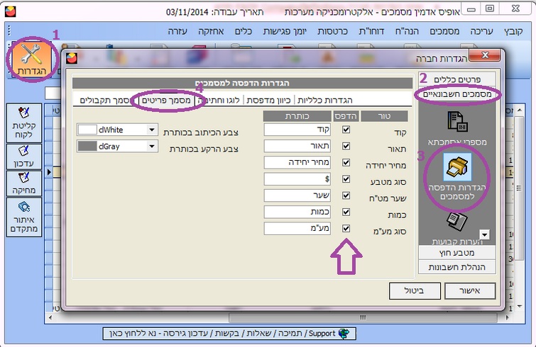 הזנת שדות במסמכים- הגדרות נתוני פריט