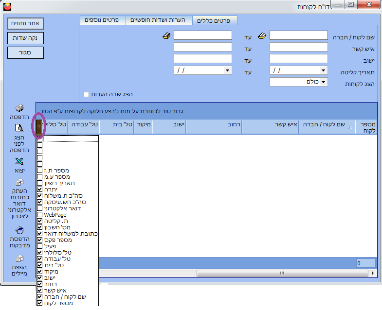 דו"ח לקוחות - שדות לתצוגה