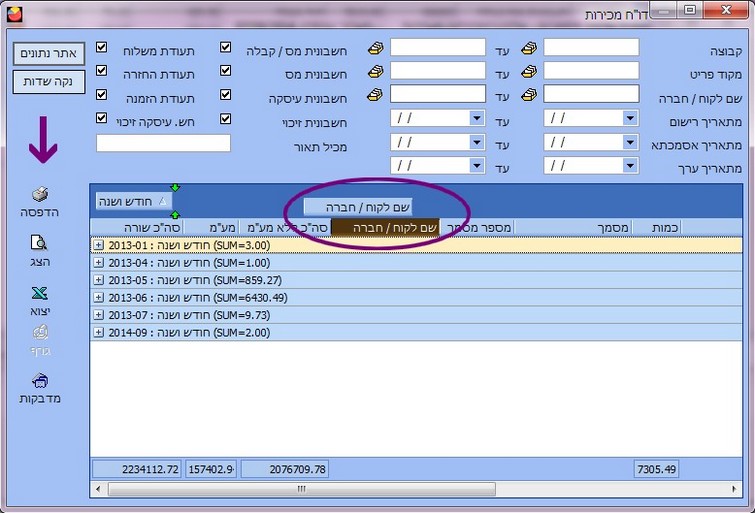  דוח מכירות - קיבוץ או יצוא לנתונים